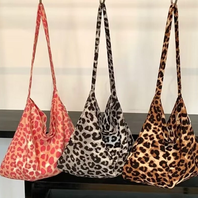 Raspberry Pink Leopard Print Canvas Cloth Women's Shoulder Bag
