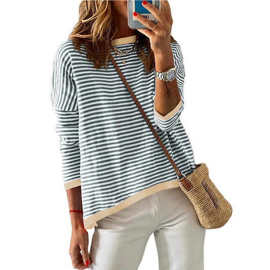 Women's Round Neck Striped Contrast Color Long Sweaters