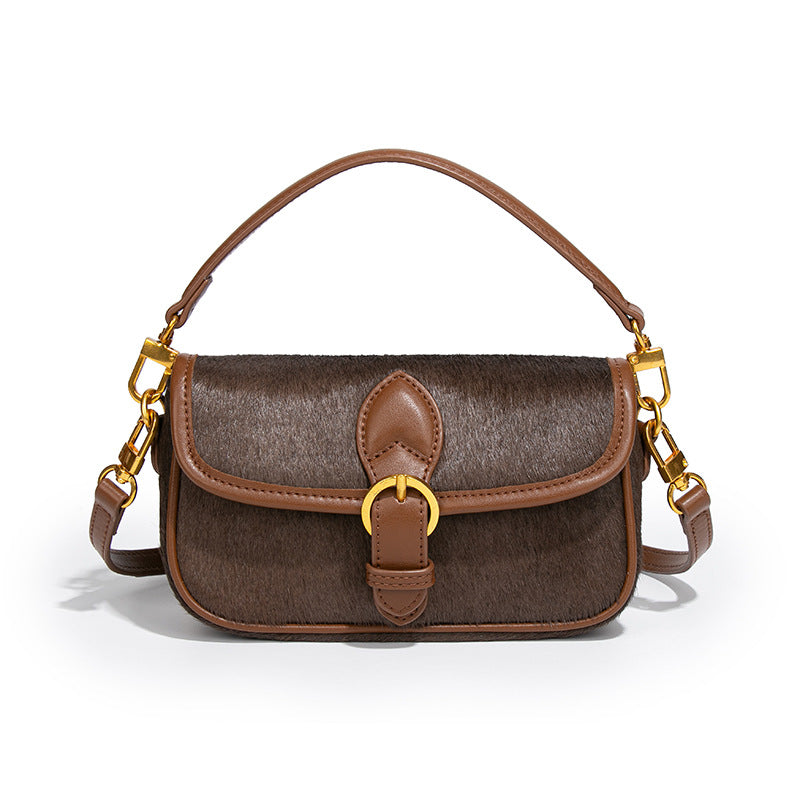 Temperament Entry Lux Horse Hair Leather Stitching Saddle Women's Messenger Bag