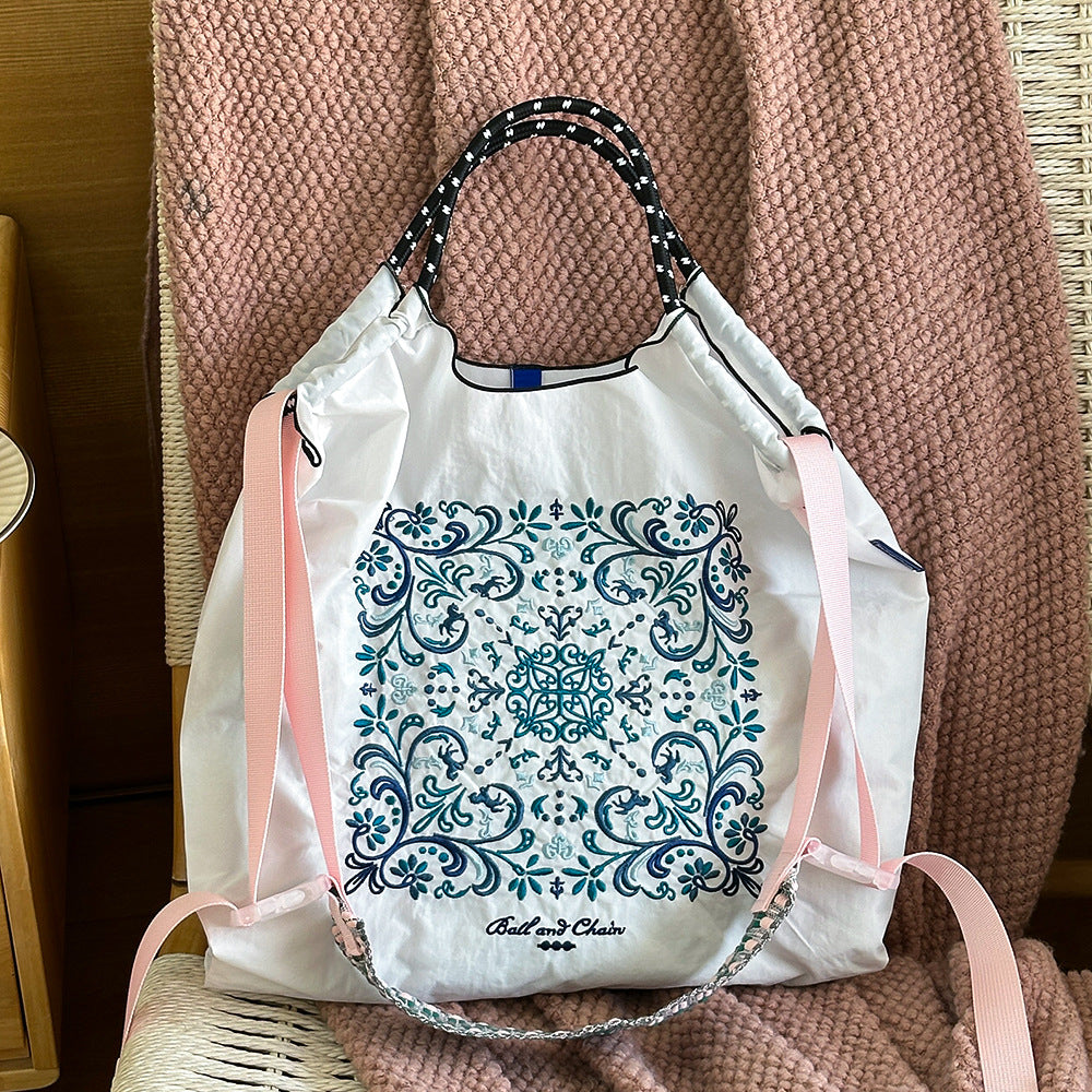Nylon Needle Embroidered Fashion Commuter Large Capacity College Women's Shoulder Bag