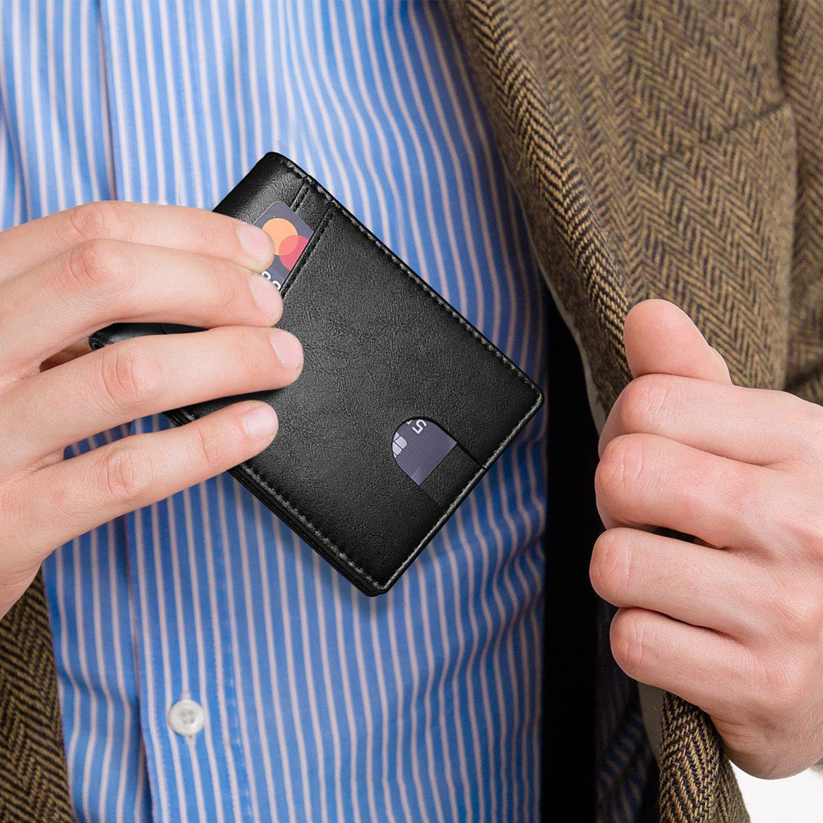 Men's Short Multiple Slots Carbon Fiber Leather Swiping Men's Wallet