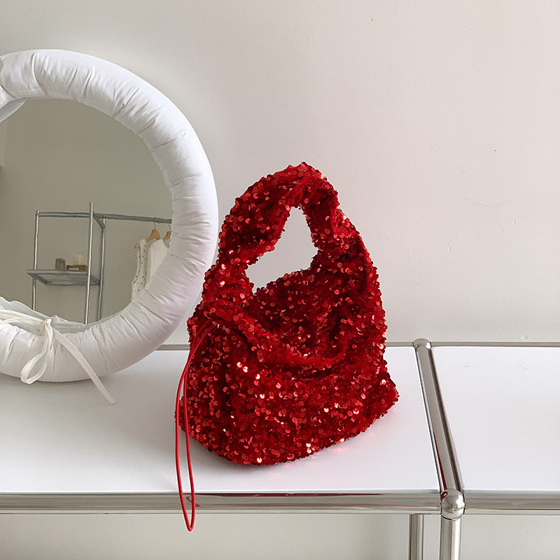 Portable Sequin Female Niche Shiny Drawstring Hand Carrying Handbags