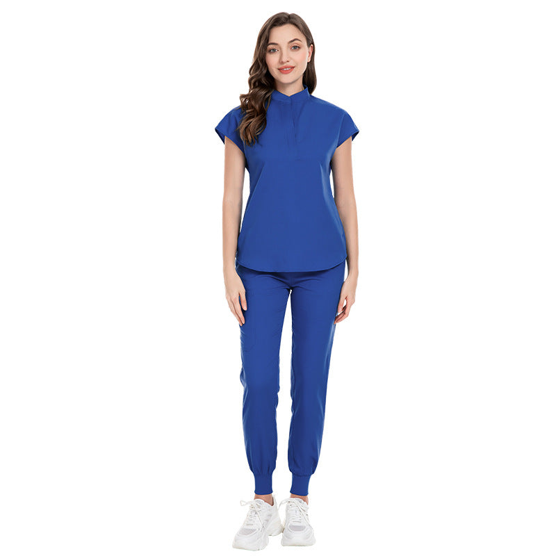 Color Medical Scrubbing Nursing Trousers Elastic Stand Collar Jogging Uniform
