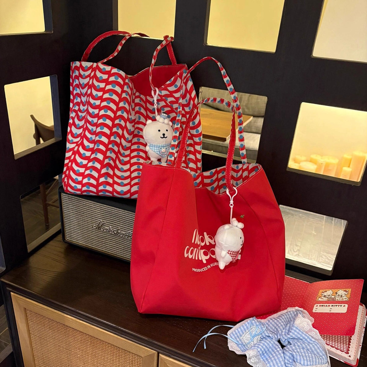 Women's Style Red Plaid Canvas Large Capacity Letter Double-sided Bags