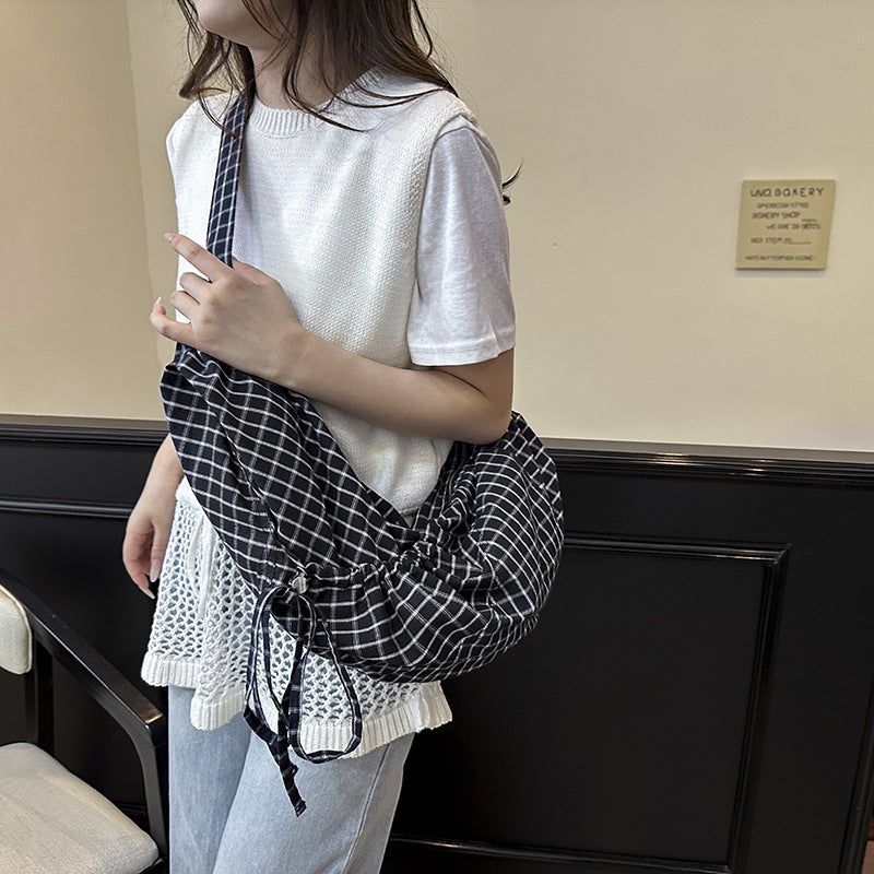Women's Blue Plaid Drawstring Canvas Commute Large Bags