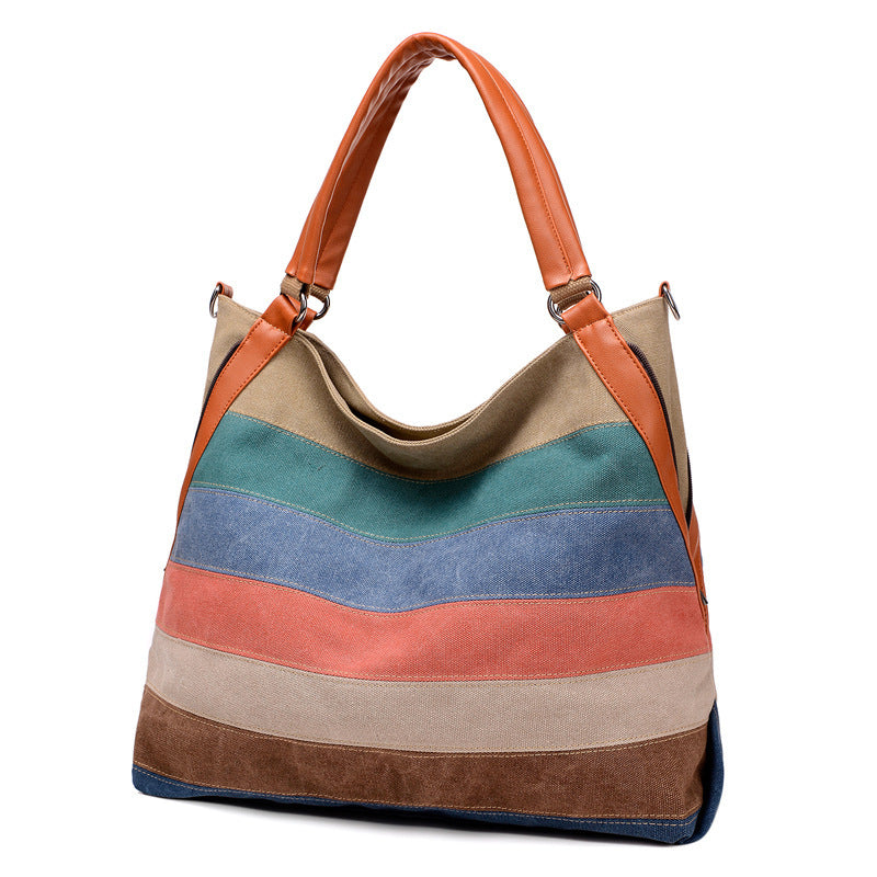 Women's Korean Style Preppy Canvas Contrast Color Striped Handbags