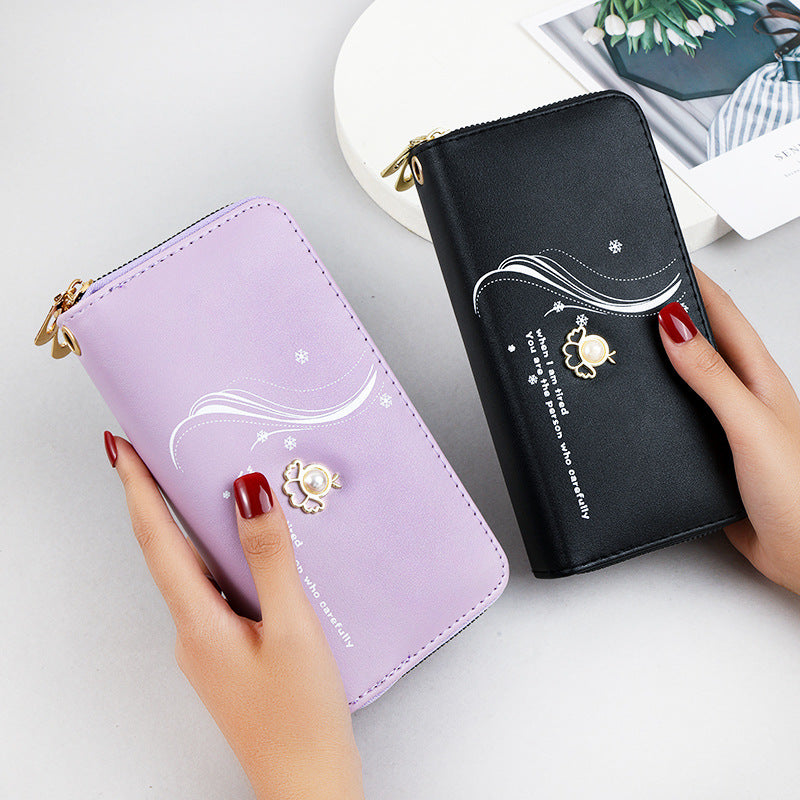 Women's Layer Zipper Long Wrist Clutch Pearl Ladies Wallet
