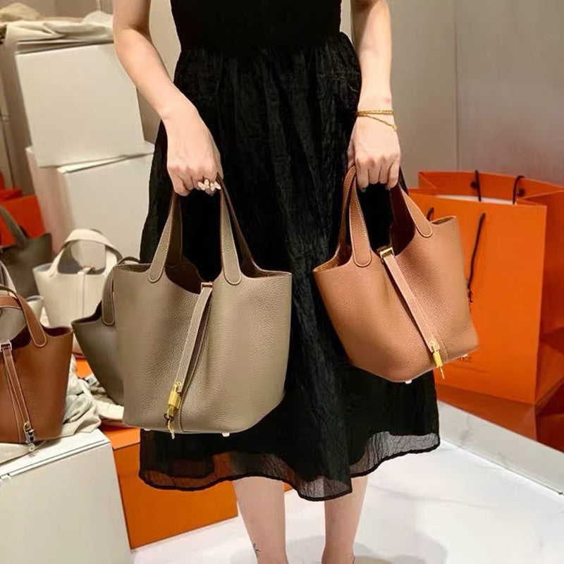 Women's Color Matching Vegetable Basket Cowhide Litchi Handbags