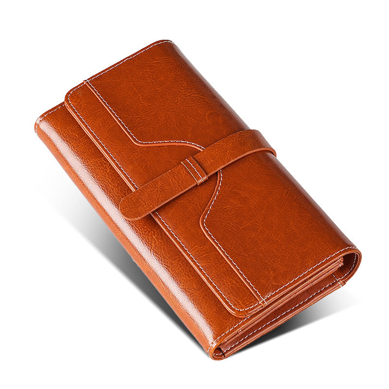 Women's Oil Wax Leather Long Multiple Slots Cowhide Ladies Wallet