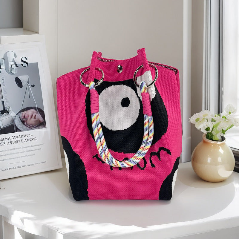 Design Black White Rhombus Knitted Versatile Large Women's Handbag