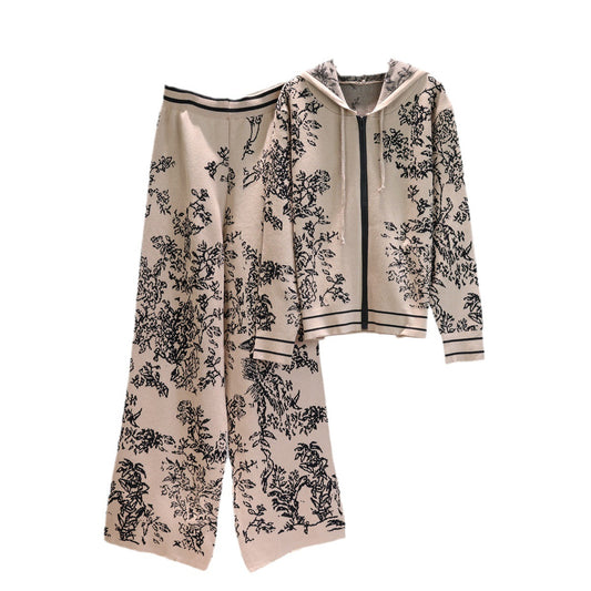 Women's Fashion Ink Painting Jacquard Loose-fitting Knitted Wide Suits