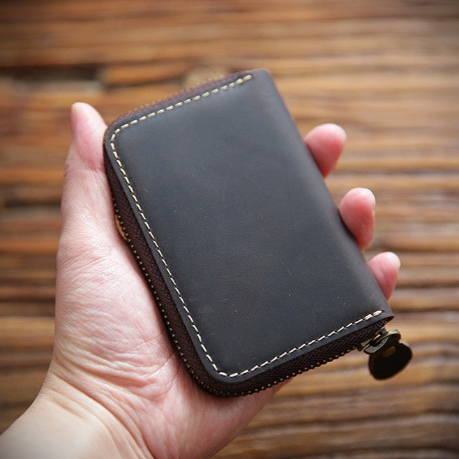 Men's Horse Leather Zipper Genuine Large Capacity Expanding Multiple Card Holder