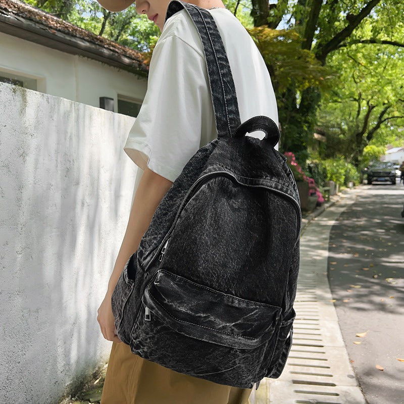 Good-looking Style Washed Denim Trendy Couples Backpacks