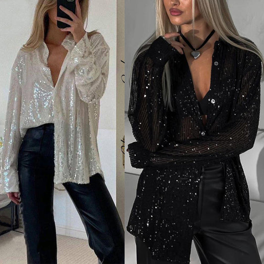 Women's Sequin Lapel Long Sleeve Sexy Shirt Blouses