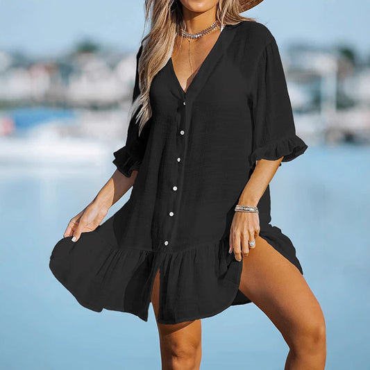 Women's Hem Ruffled Dress Solid Color Beach Blouses