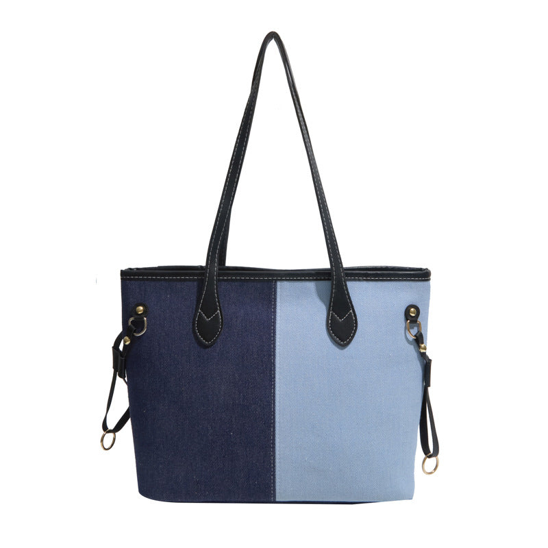 Women's Large Capacity Fashionable Denim Stitching Contrast Color Shoulder Bags