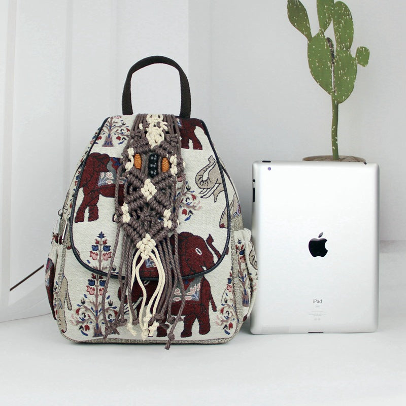 Layer Zipper Elephant Cotton Linen Retro Backpacks