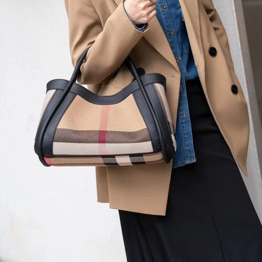 Genuine Leather Plaid Canvas Live Streaming Handbags