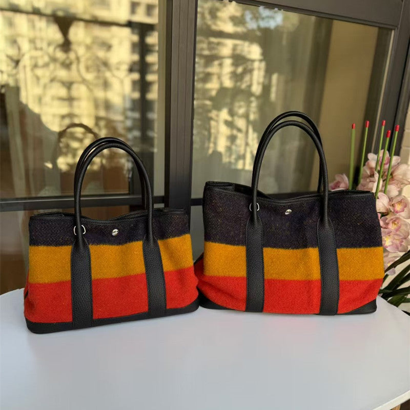 Women's Woolen Linen With Genuine Leather Top Layer Cowhide Women's Handbag