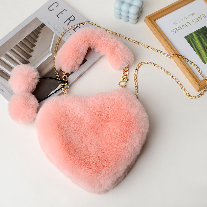 Women's Plush Heart Chain Portable Imitation Rabbit Fur Women's Shoulder Bag
