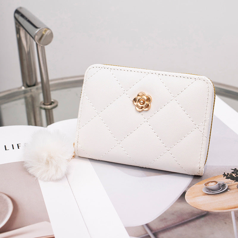 Women's Fashion Rhombus Short Fur Ball Rose Ladies Wallet