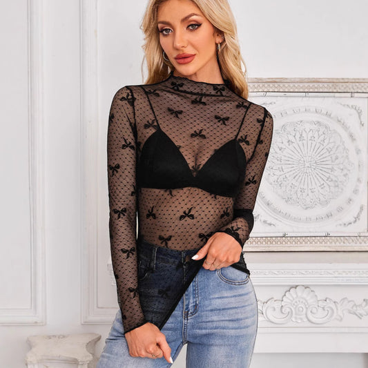 Innovative Lace Long-sleeved Bow Bottoming Shirt Blouses