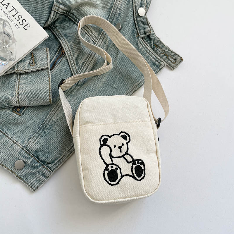Women's Cute Bear Embroidery Canvas Versatile Women's Shoulder Bag