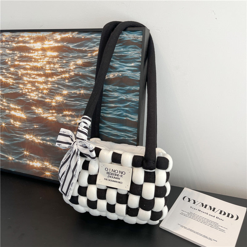 Coarse Yarn Cotton Candy Chessboard Hand-woven Homemade Women's Shoulder Bag