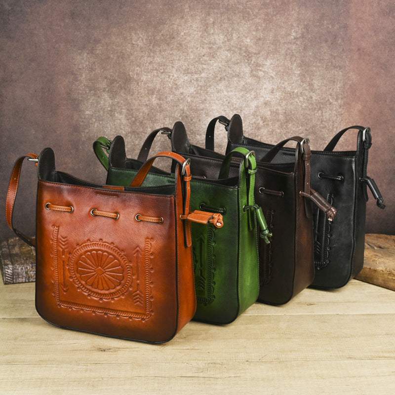 Women's Layer Cowhide Large Capacity Embossed Hand-rub Color Bags