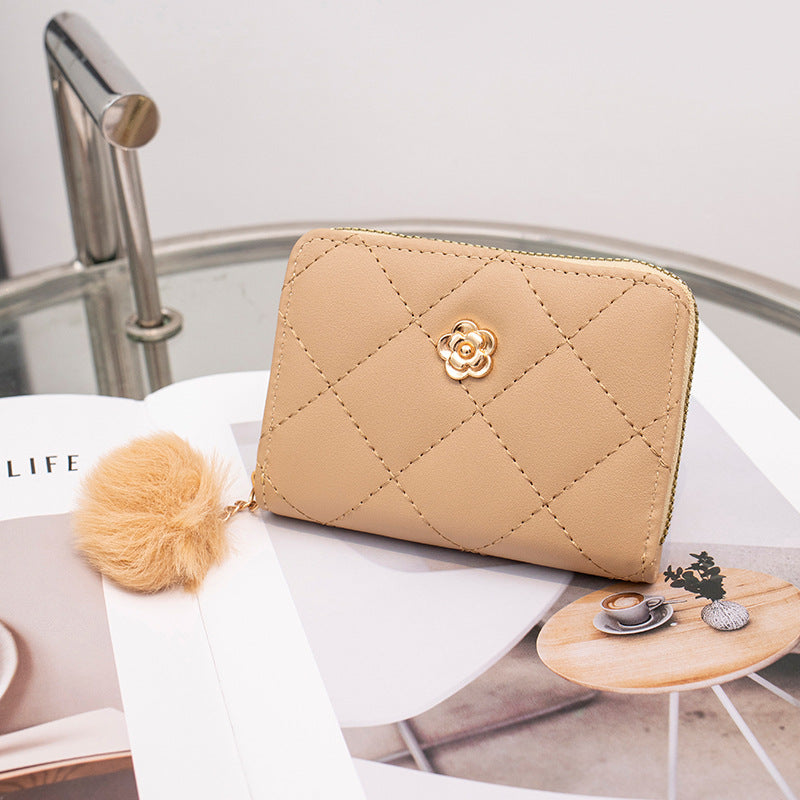 Women's Fashion Rhombus Short Fur Ball Rose Ladies Wallet