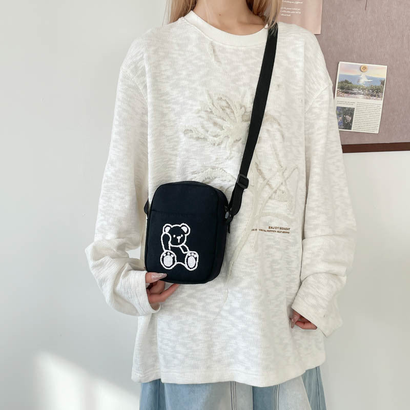 Women's Cute Bear Embroidery Canvas Versatile Women's Shoulder Bag