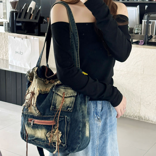 Retro Jean Large Capacity Commuter Distressed Crossbody Bags
