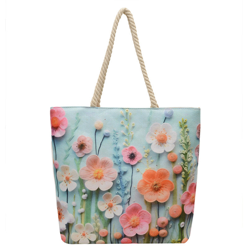 Double-sided Beach Imitation Linen Hot Printed Pattern Large Capacity Canvas Women's Shoulder Bag