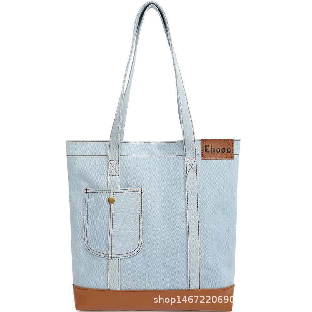 Spring Korean Style Simple Denim Commuter Large Shoulder Bags