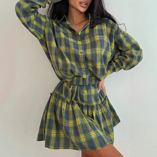Women's Casual Check Lapel Loose Shirt Pleated Suits