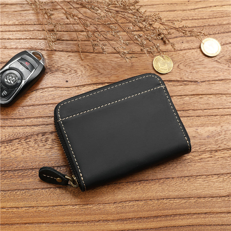 Men's Crazy Horse First Layer Cowhide Short Leather Zipper Simple Ladies Wallets