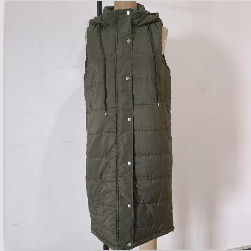 Color Hooded Single-breasted Mid-length Cotton Slim Vests