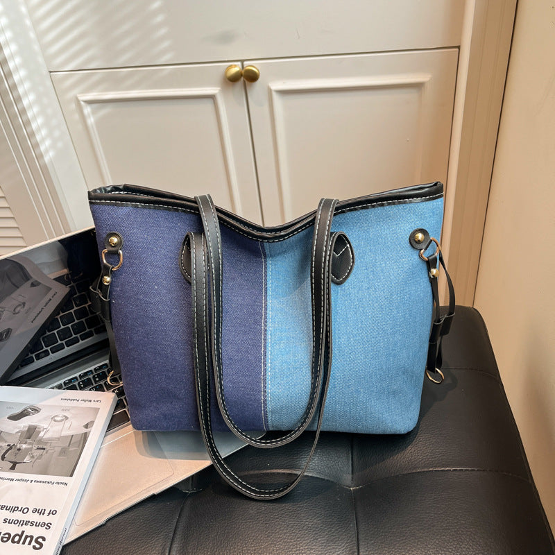Women's Large Capacity Fashionable Denim Stitching Contrast Color Shoulder Bags