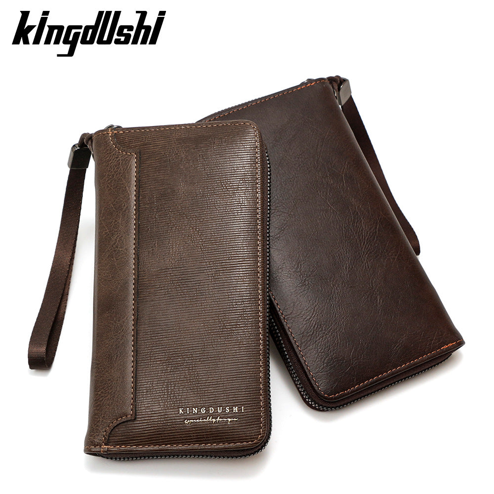 Men's Long Simple Leather Patchwork Clutch Mobile Card Holder