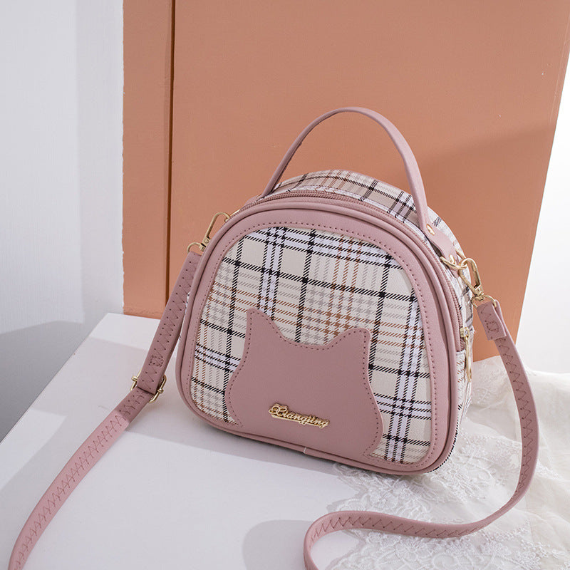 Women's Plaid Contrast Color Cat Face Letter Label Portable Shoulder Bags