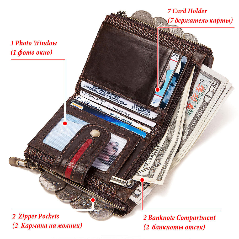 Men's Short Leather Zipper Vintage Cowhide Swiping Men's Wallets