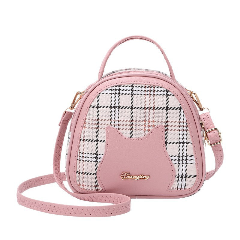 Women's Plaid Contrast Color Cat Face Letter Label Portable Shoulder Bags