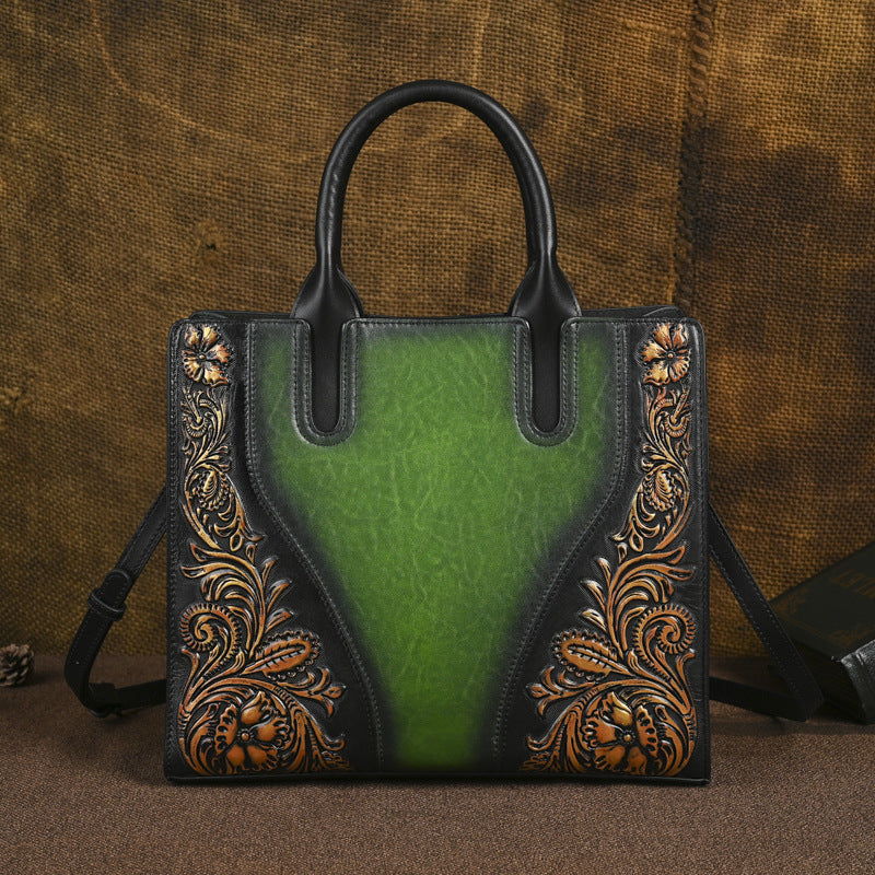 Women's First Layer Cowhide Leather Retro Embossing Women's Handbag