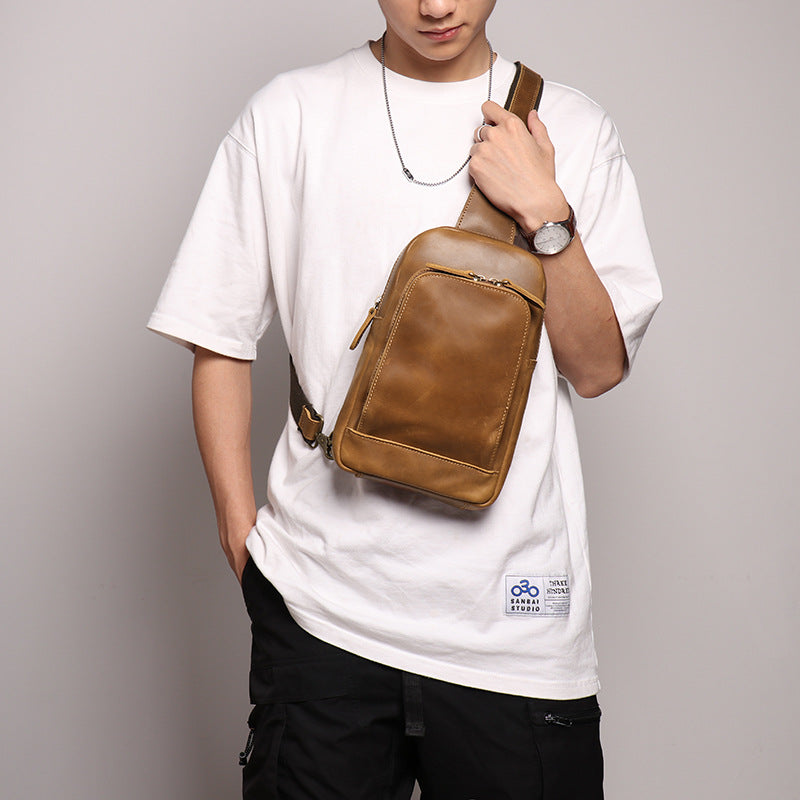 Women's & Men's Vintage Genuine Leather Close-fitting Crazy Horse Men's Chest Bags