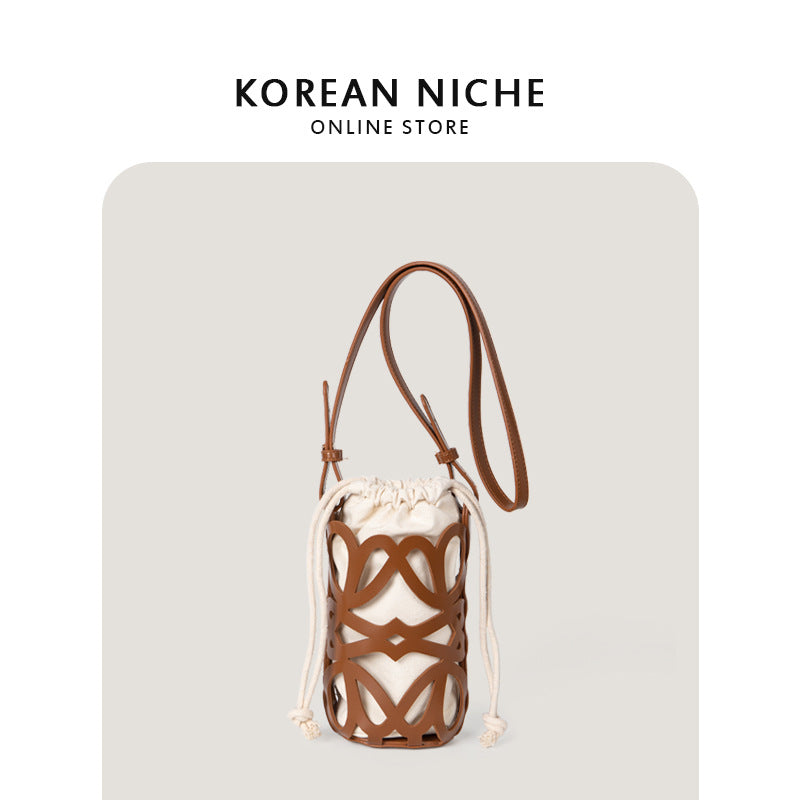 Women's Design Hollow Drawstring Canvas Cylindrical Pouch Crossbody Bags