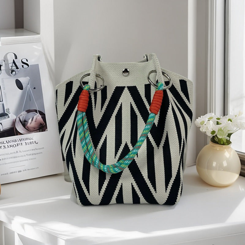 Design Black White Rhombus Knitted Versatile Large Women's Handbag