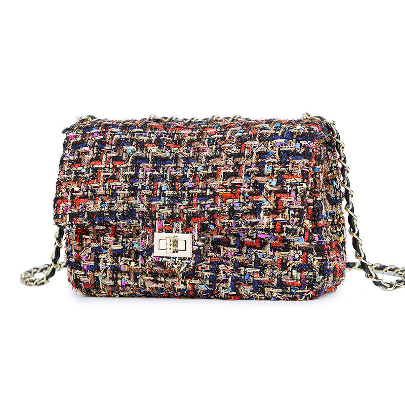 Plaid Colored Wool Classic Style Diamond Chain Crossbody Bags