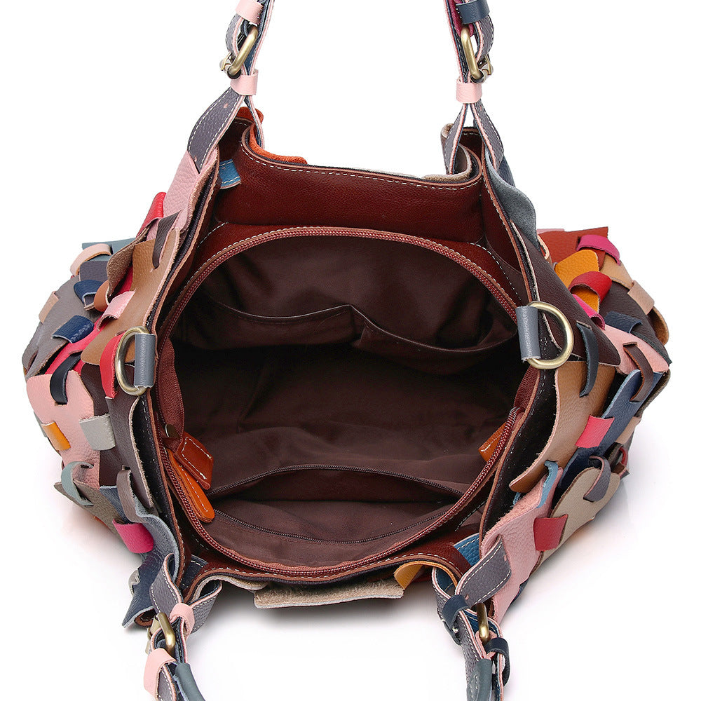 Cowhide Ethnic Style Color Woven Beach Women's Handbag