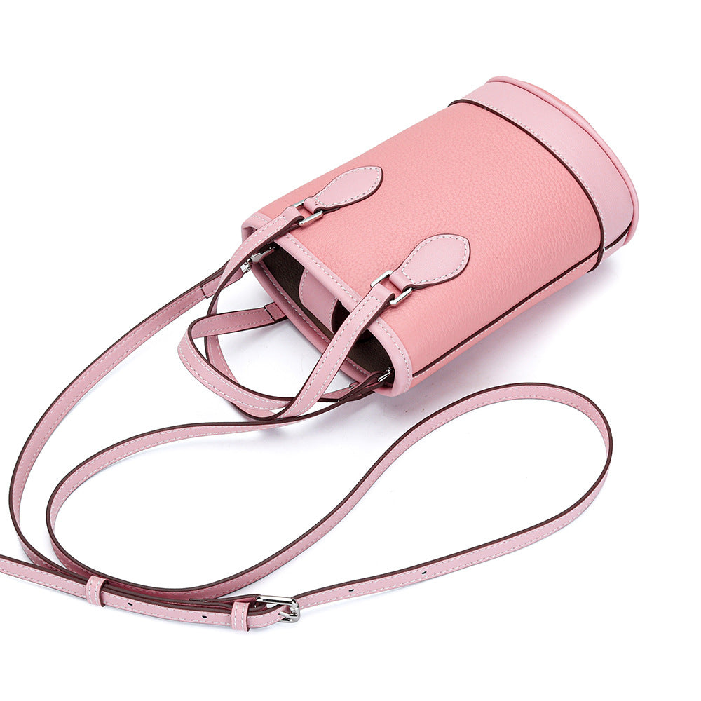 Women's Fashion Color Contrast Vertical Portable Design Genuine Bucket Bags