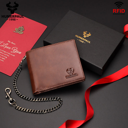 First Layer Cowhide Metal Chain Simple Short Men's Wallets